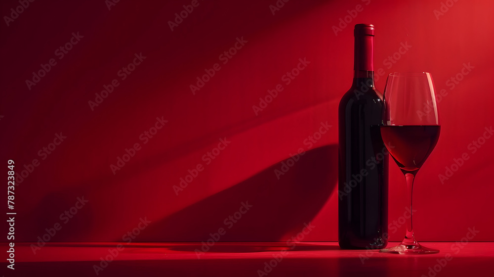 Poster bottle and glass of red wine on a red background copy space : generative ai