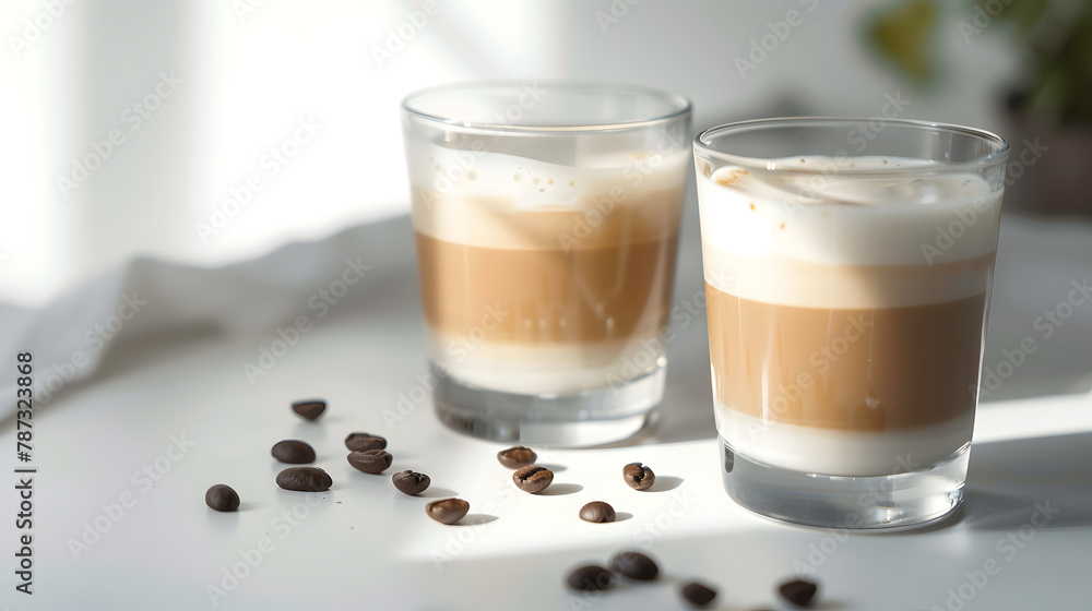 Poster close up of double glass cup of fresh latte coffee with coffee beans on white table and copy space :