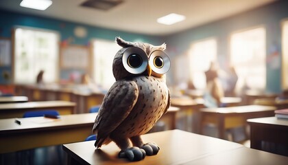 stuffed owl is sitting on a desk in a classroom - obrazy, fototapety, plakaty