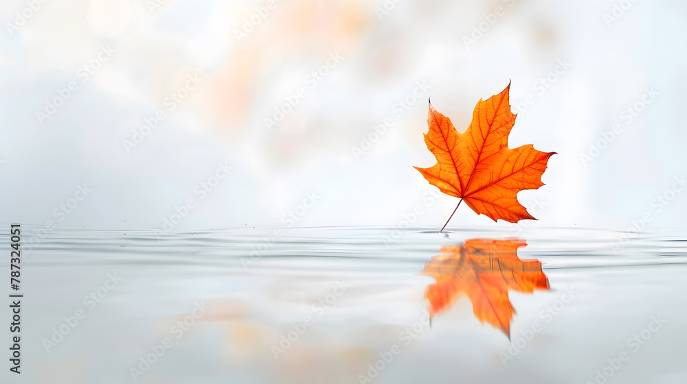 Poster one bright orange maple leaf in water minimalistic autumn background copy space : generative ai