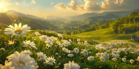 Fototapeten A serene landscape of a daisy field bathed in the warm glow of a setting sun, casting a peaceful ambiance © gunzexx