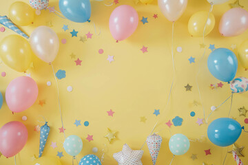 A festive birthday scene captured from a top view, featuring colorful balloons and party decorations on a pastel yellow background. AI generative art brings celebration to life.