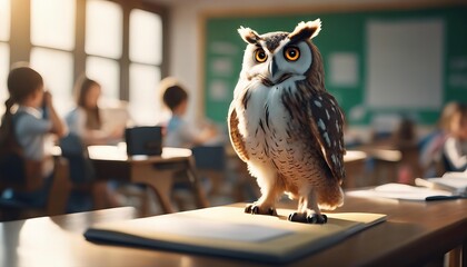 stuffed owl is sitting on a desk in front of a green board - obrazy, fototapety, plakaty