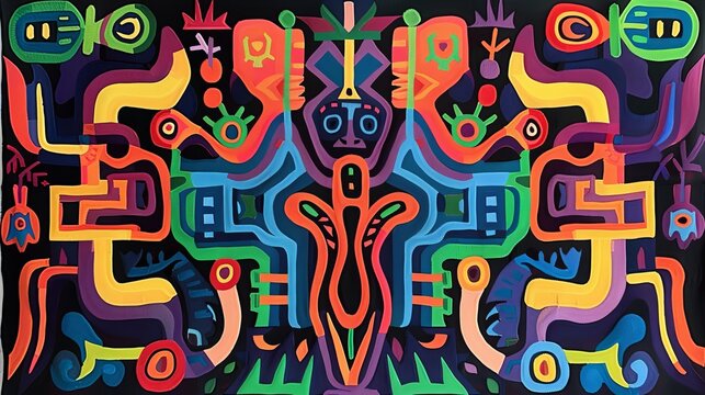 colorful molas pattern, several layers of different-coloured cloth are sewn together, background, 16:9
