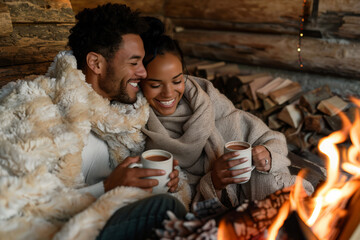 Fototapeta na wymiar A romantic couple in a cozy cabin retreat, with a fireplace and mugs of hot coffee in hand, under fluffy blankets. Shallow depth of field