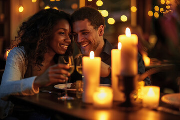 A cheerful multiracial couple at a romantic candlelight dinner. Shallow depth of field