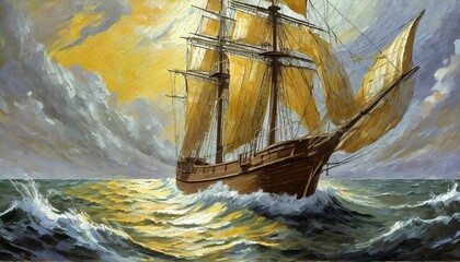 Sailing ship at sea. Oil painting picture - obrazy, fototapety, plakaty