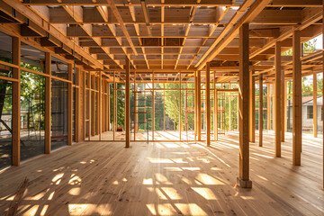 Construction of wooden frame house, assembly of frame house, warm and ecological modern house - Powered by Adobe