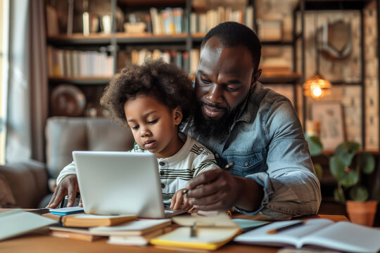 An african american father with child sit at a desk with laptop, workbooks and do the learning and education. Shallow depth of field