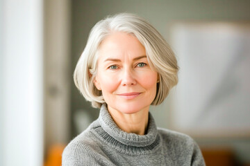 A woman with grey hair and a white shirt