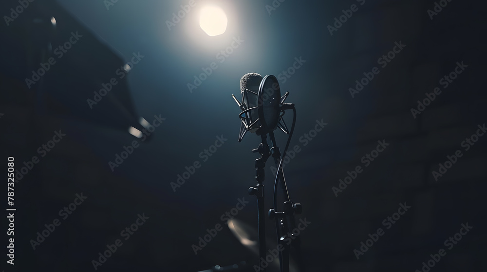 Poster Professional microphone with pop shield on the stand Recording studio with black noise cancelling wall : Generative AI