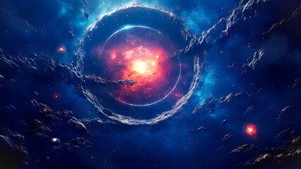 躍動する赤い星雲と漂う小惑星の宇宙風景