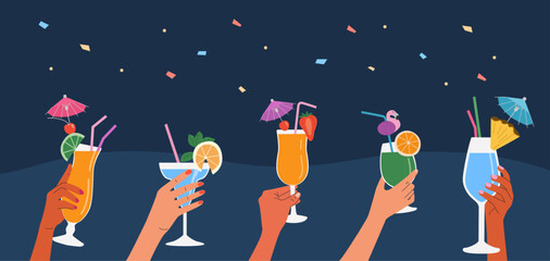 Holiday vector concept illustration in flat style. Different hands holding cocktails.