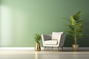 Modern Home Interior Design with Chair and House Plant Tree Bathed in Sunlight, Green Wall Gradient Background