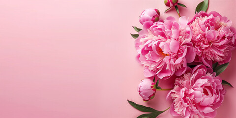 Photo of pink peonies on a pink background, in a flat lay with copy space.