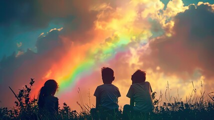 Fototapeta premium Children look at the rainbow sky. Selective focus.