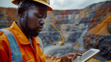 A close-up of a young Black African mining worker analyzing data on a digital tablet, with a large open pit mine in the background. His face shows concentration and professionalism
