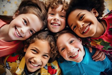 Happy smiling children in a circle looking down at the camera, bright colors, low angle shot from below with a top view, a portrait of joyful children playing and kids huddling, cute little children 