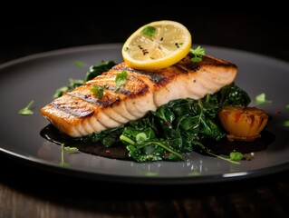 grilled halibut on a bed of sautéed spinach