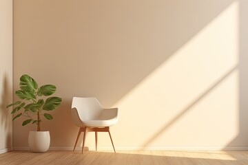 Modern Home Interior Design with Chair and House Plant Tree Bathed in Sunlight, Cream Wall Gradient Background