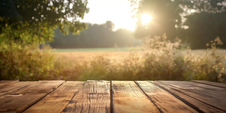 A warm, welcoming image focusing on a rustic wooden surface with an out-of-focus sunlit field behind it, evoking a sense of peace