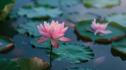 Pink lotus blossoms or water lily flowers blooming on pond ,Generative ai,  - obrazy, fototapety, plakaty