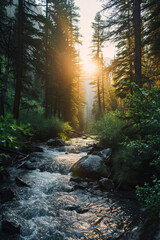 Obraz premium Mountain river, rapid water stream in a deep forest.