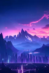 Zelfklevend Fotobehang Donkerblauw landscape of a mountain range with a digital overlay that adds futuristic cityscapes