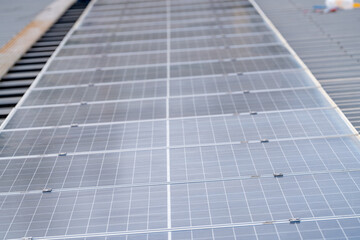 Solar cell farm power plant eco technology.landscape of Solar cell panels in a photovoltaic power plant.concept of sustainable resources and renewable energy.blue tone.