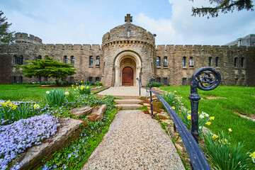 Majestic Stone Castle with Garden Pathway - Overcast Day