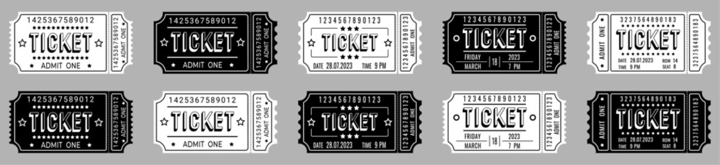 Set of black and white retro tickets, templates on a gray background, vector.