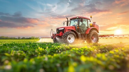 Sunset farming  tractor utilizing irrigation for crop spraying or harvesting with data infographic