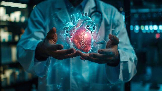 the doctor holds a diagram of the heart in his hands. selective focus.