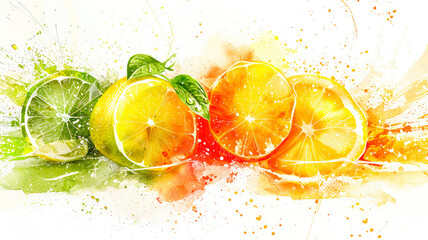 drawing watercolor citrus fruits. selective focus.