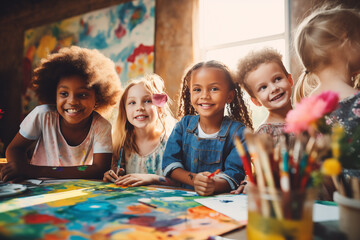 Group of kids painting together to celebrate International Children's Day