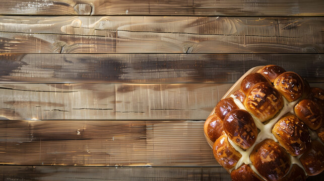 Traditional Easter hot cross buns Top vew wooden background copy space : Generative AI