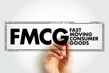 FMCG Fast Moving Consumer Goods - products that are sold quickly and at a relatively low cost, acronym text stamp - obrazy, fototapety, plakaty