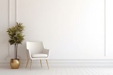 Modern Home Interior Design with Chair and House Plant Tree Bathed in Sunlight, White Wall Gradient Background