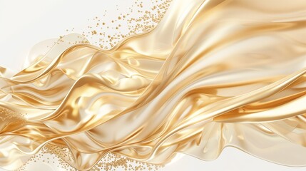 Flowing golden liquid isolated on a white background, closeup view. An abstract design with golden spheres and waves resembling silk fabric in the style of fluid design.
