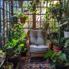 Cozy corner in a greenhouse with a comfy chair among the plants
