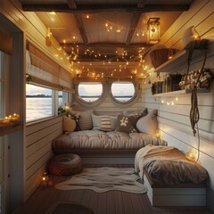 Cozy houseboat interior with nautical decor and soft lighting