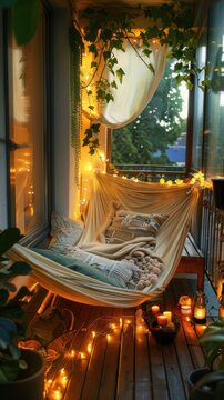 Cozy balcony setup with a hammock cushions
