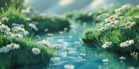Foto auf Glas 3d wallpaper, cute, Minimalist spring stream grass simple, grass, cute landscape, aspect ratio 2:1 © 3dimensi2000