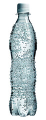 Transparent plastic water bottle with bubbles isolated on transparent background