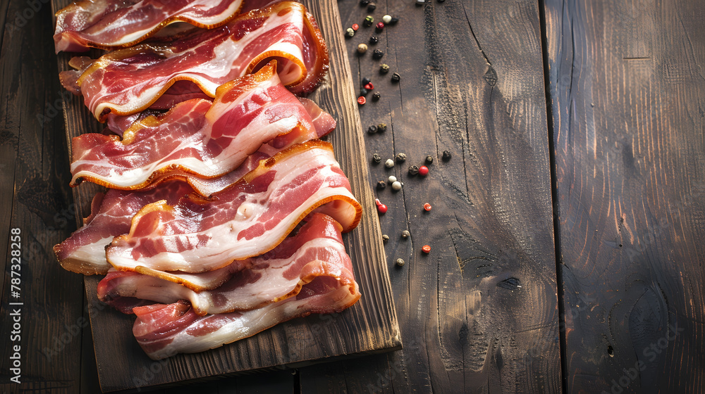 Poster bacon slices fresh meat product pork eating cooking appetizer meal food snack on the table copy spac