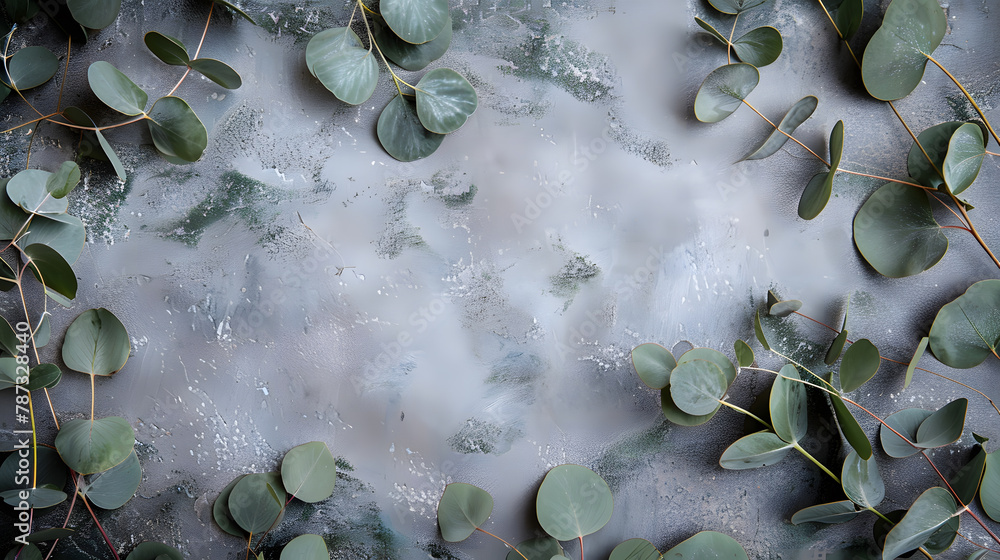Poster Green eucalyptus leaves on stone table Frame made of eucalyptus branches Flat lay top view copy space : Generative AI