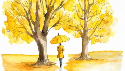 a figure with an umbrella in an autumn yellow park with trees on a white background watercolor paint drawing - obrazy, fototapety, plakaty