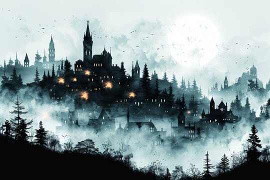 Beneath the full moon's glow, a haunted castle looms over on Halloween night.