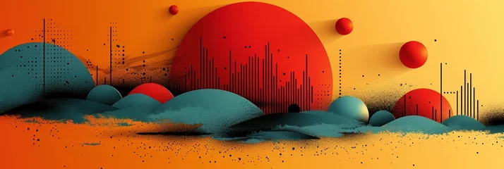 Keuken foto achterwand A futuristic illustration poster depicting a vibrant sunrise landscape with modern abstract design elements. © Andrii Zastrozhnov