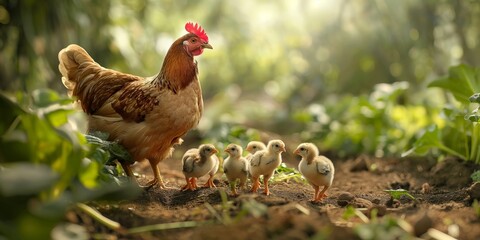 A mother hen protecting her line of adorable baby chicks on a farm, bathed in the warm golden hour sunlight